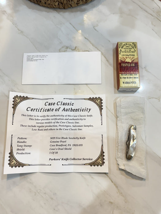 CASE 5039 FIVE BLADE SOWBELLY KNIFE GENUINE PEARL1993 1 OF 10 & CERTIFICATE RARE