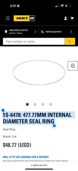 CAT 1S-6478: 477.77MM INTERNAL DIAMETER SEAL RING (GENUINE OEM) NEW
