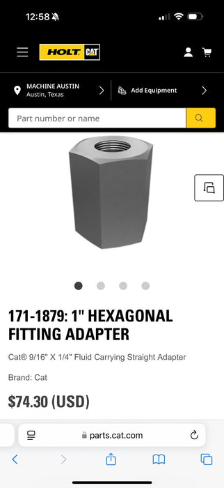 CAT 171-1879: 1" HEXAGONAL FITTING ADAPTER (NEW GENUINE)