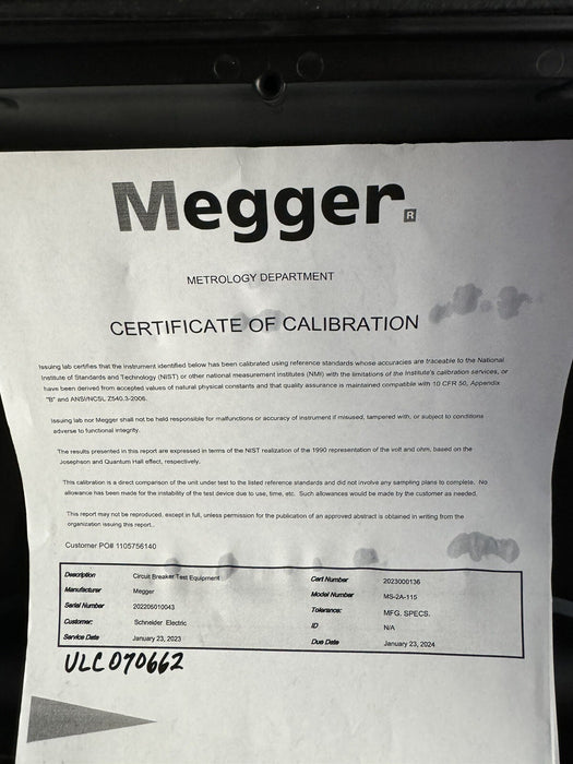 Megger MS-2A-CIRCUIT BREAKER & OVERCURRENT RELAY TEST SET (CALIBRATED 2023-2024)