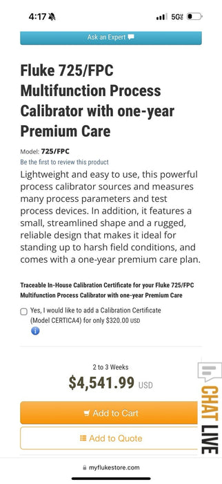 FLUKE 725/FPC PROCESS CALIBRATOR W/ 1 YEAR PREMIUM CARE MFD-2025 CALIBRATED 2025