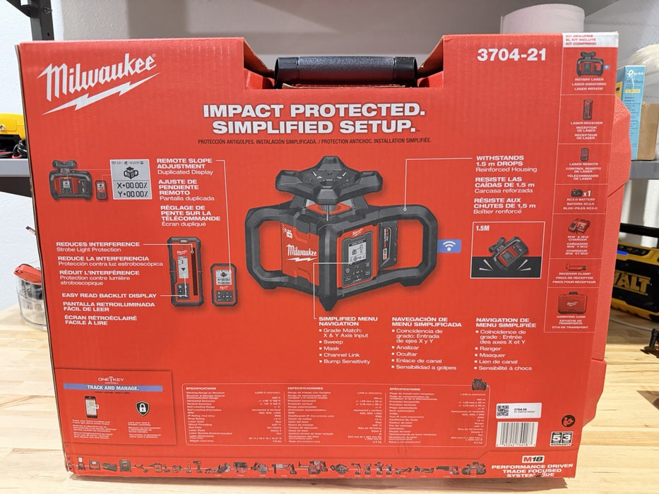 MILWAUKEE 3704-21 M18 18V RED EXTERIOR DUAL SLOPE ROTARY LASER & RECEIVER NEW