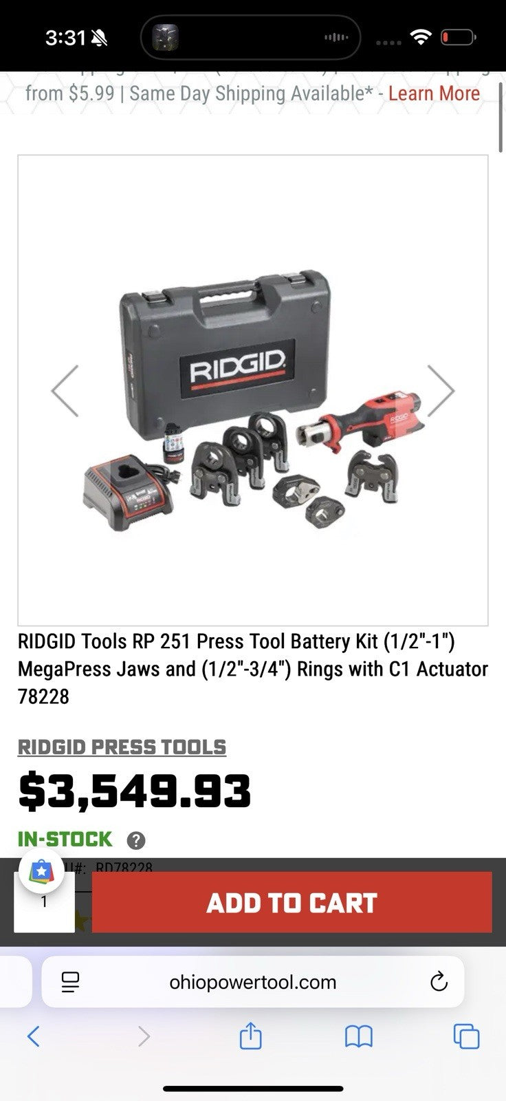 RIDGID RP251 PRESSTOOL KIT (1/2"-1") & MEGAPRESS JAWS (1/2"-3/4) RINGS -78228