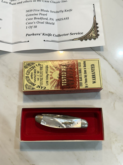 CASE 5039 FIVE BLADE SOWBELLY KNIFE PEARL1993 1 OF 10 & CERTIFICATE RARE