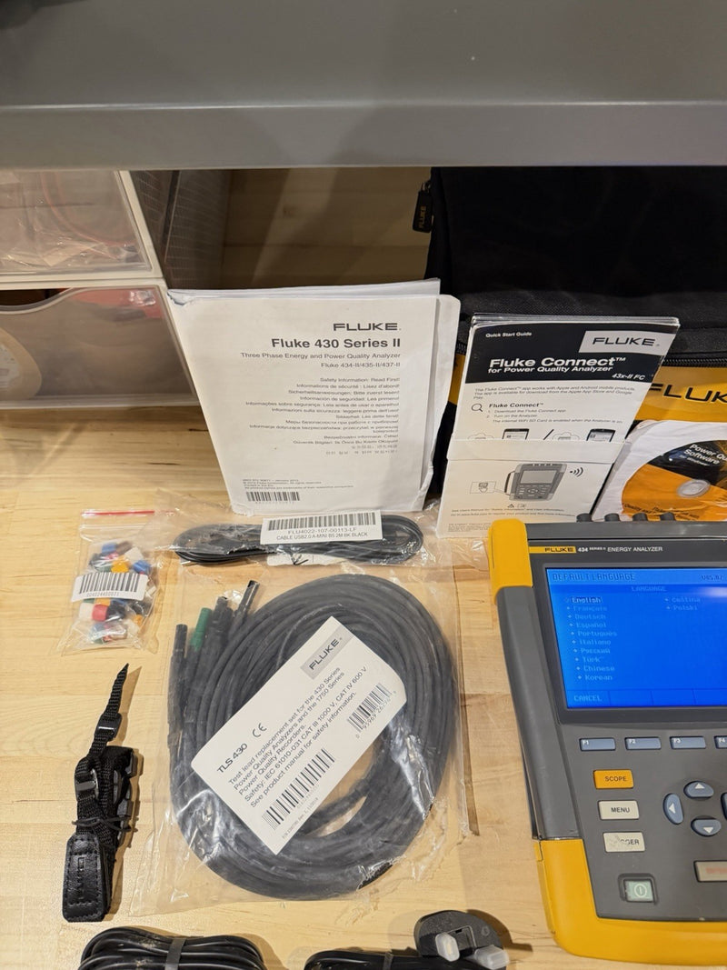 FLUKE 434 SERIES II ENERGY ANALYZER KIT WITH ACCESSORIES TESTED