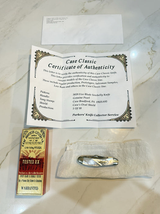 CASE 5039 FIVE BLADE SOWBELLY KNIFE PEARL1993 1 OF 10 & CERTIFICATE RARE