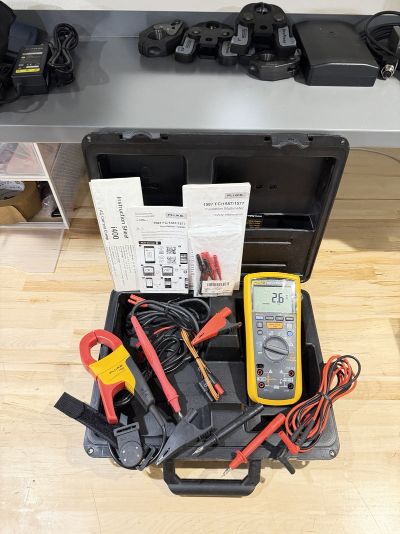 FLUKE 1587 FC INSULATION MULTIMETER W/  i400 LEADS & CASE (TESTED) SHIPS FAST