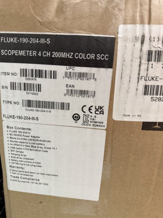 FLUKE 190-204-III S DIGITAL OSCILLOSCOPE 4CH 200MHZ 5GS/S (CALIBRATED 2025) NEW