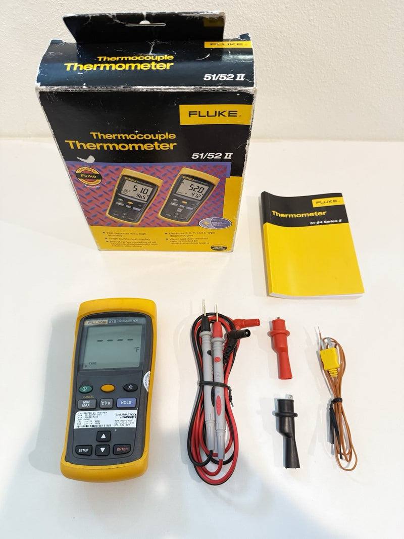 FLUKEE 51 II THERMOCOUPLE THERMOMETER WITH PROBE & LEADS TESTED