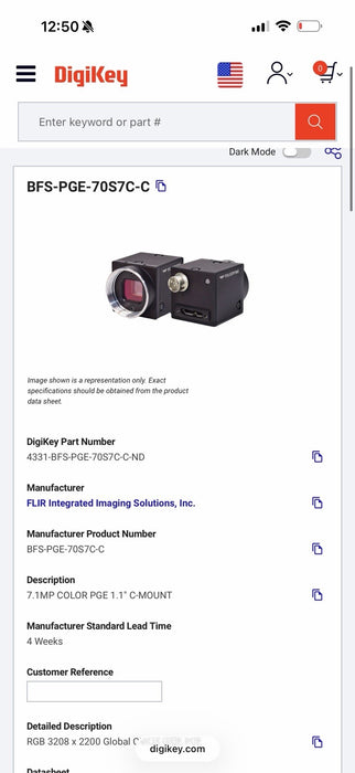 FLIR BLACKFLY S POE GIGE COLOR ROBOT VISION CAMERA BFS-PGE-70S7C-C