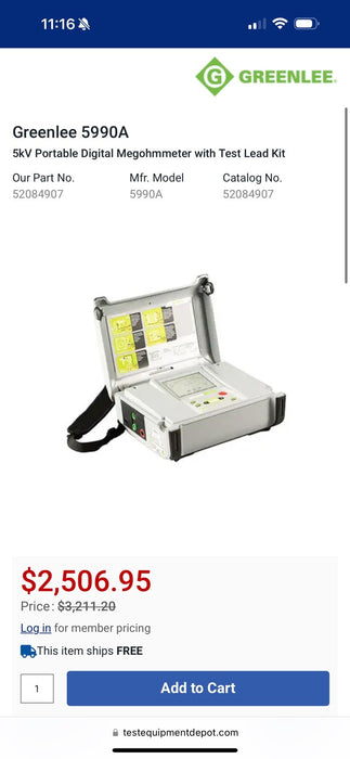 GREENLEE 5990A 5KV PORTABLE DIGITAL MEGOHMMETER CALIBRATED 2024