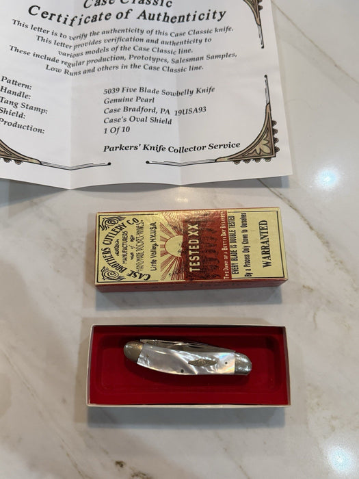 CASE 5039 FIVE BLADE SOWBELLY KNIFE PEARL1993 1 OF 10 & CERTIFICATE RARE
