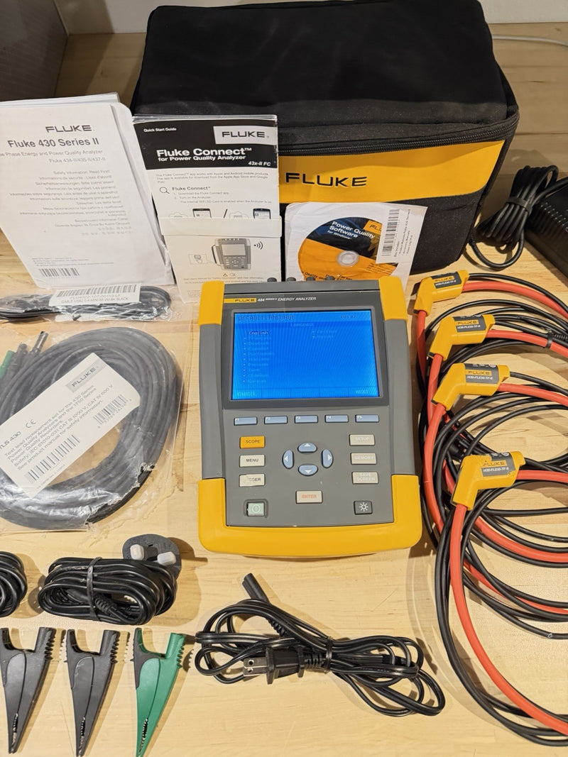 FLUKE 434 SERIES II ENERGY ANALYZER KIT WITH ACCESSORIES TESTED