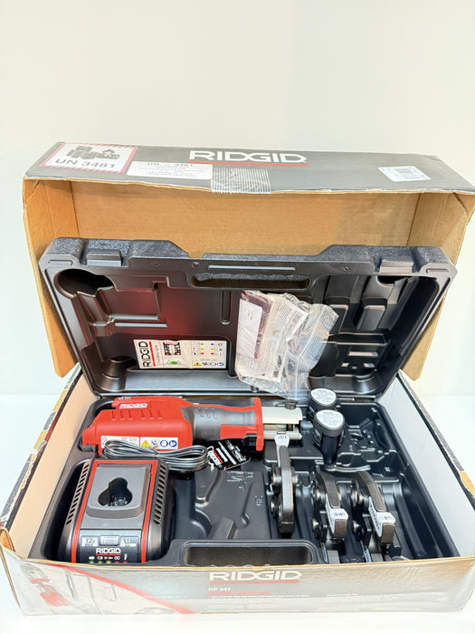 RIDGID RP 241 PRESS TOOL KIT W/ BATTERIES & CHARGER &  1/2" TO 1" PRO PRESS JAWS