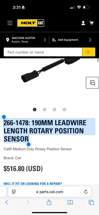 CAT 266-1478: 190MM LEADWIRE LENGTH ROTARY POSITION SENSOR (NEW GENUINE OEM)