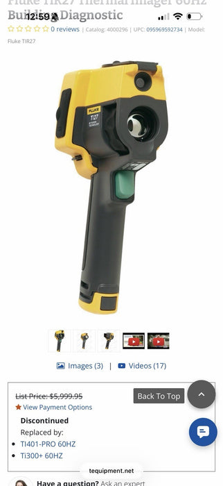FLUKE TIR27 THERMAL IMAGER KIT 60HZ W/ BATTERIES & CHARGER (TESTED) RARE