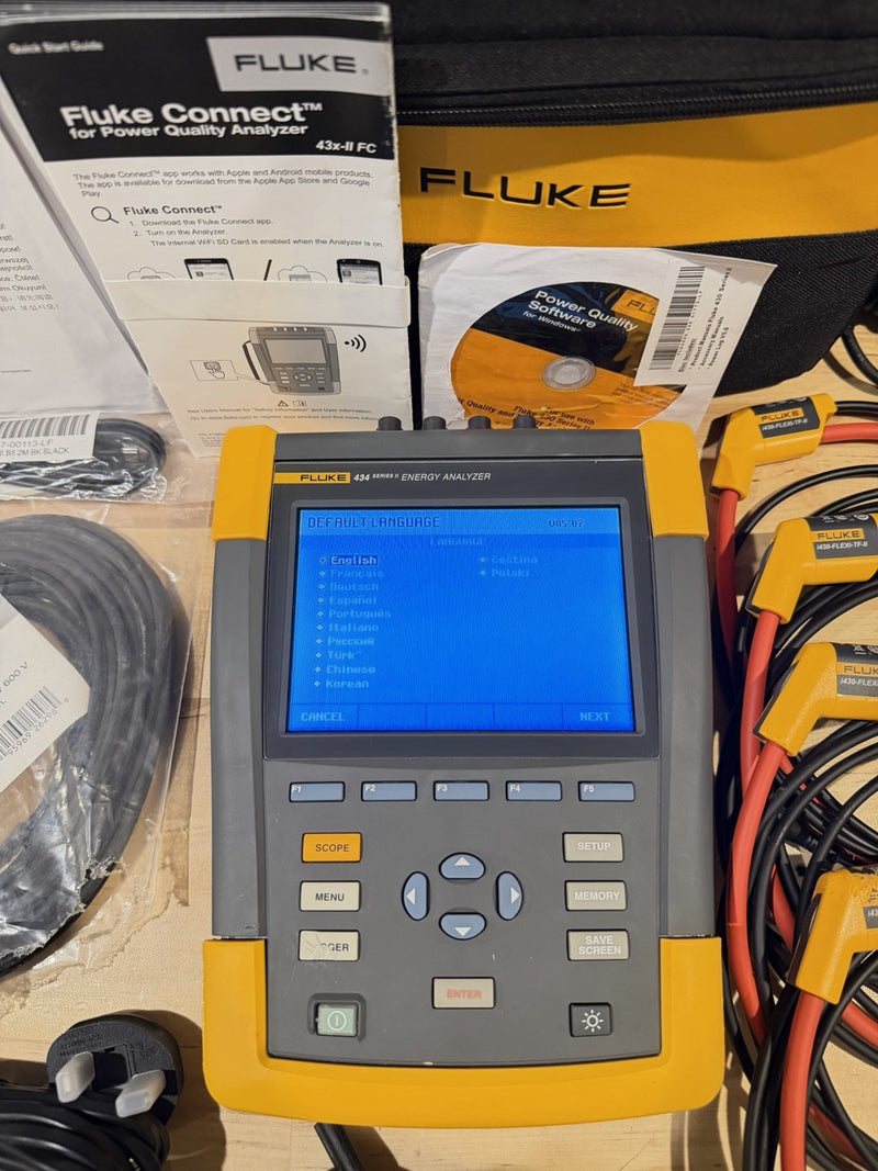 FLUKE 434 SERIES II ENERGY ANALYZER KIT WITH ACCESSORIES TESTED