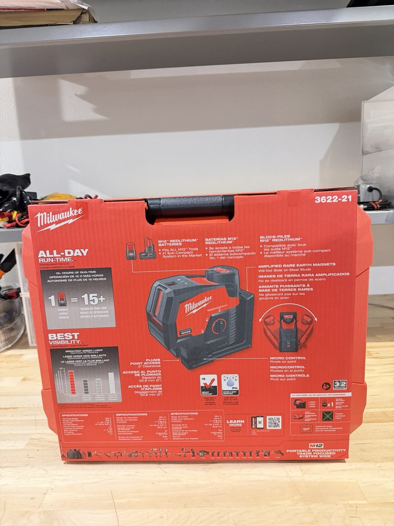 MILWAUKEE 3622-21 M12 12V GREEN 125 FT CROSS LINE PLUMB POINT LASER LEVEL - NEW