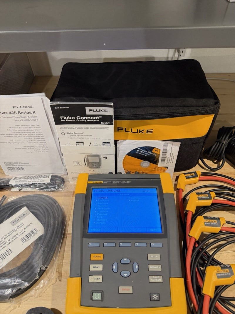 FLUKE 434 SERIES II ENERGY ANALYZER KIT WITH ACCESSORIES TESTED