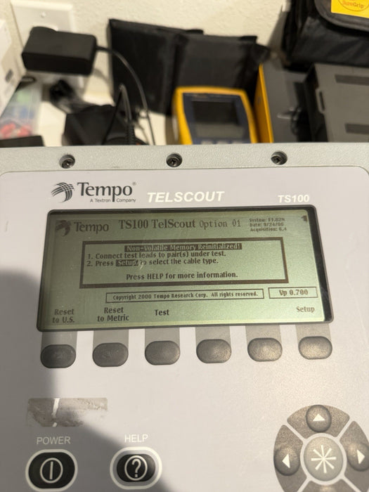 TEMPO TELSCOUT TS100 TDR REFLECTOMETER CABLE TESTER W/LEADS & ACCESSORIES TESTED