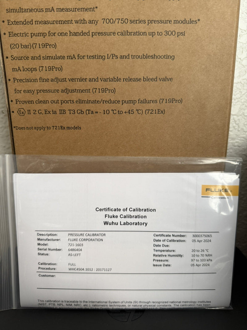 FLUKE 721-1603 DUAL SENSOR PRESSURE CALIBRATOR 16 PSIG 300 PSIG MFD 2024