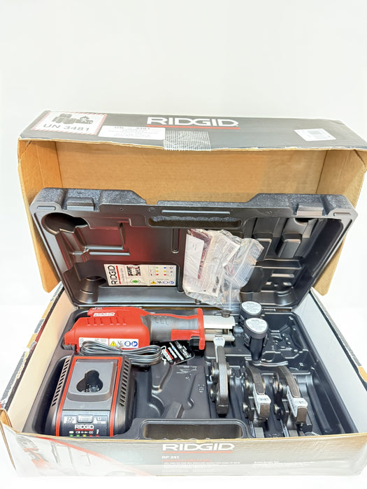 RIDGID RP 241 PRESS TOOL KIT W/ BATTERIES & CHARGER &  1/2" TO 1" PRO PRESS JAWS
