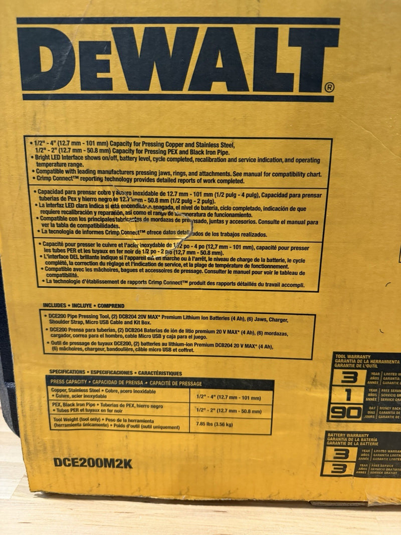 DEWALT DCE200M2K 20V MAX CORDLESS PRESS TOOL KIT & 6 JAWS