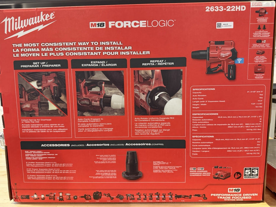MILWAUKEE 2633-22HD M18 FORCE LOGIC™ 2”-3” PROPEX EXPANSION TOOL KIT -NEW SEALED