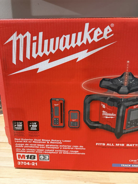 MILWAUKEE 3704-21 M18 18V RED EXTERIOR DUAL SLOPE ROTARY LASER & RECEIVER NEW