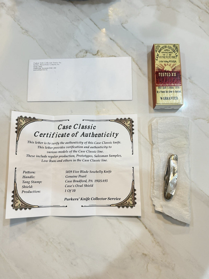 CASE 5039 FIVE BLADE SOWBELLY KNIFE PEARL1993 1 OF 10 & CERTIFICATE RARE