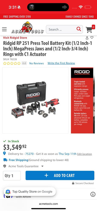 RIDGID RP251 PRESSTOOL KIT 1/2"-1" & MEGAPRESS JAWS 1/2"-3/4 RINGS 78228