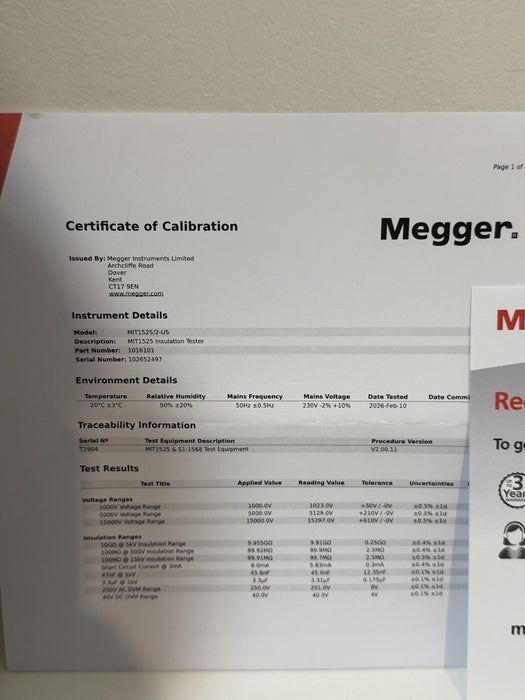 MEGGER MIT1525-2 15KV ADVANCED INSULATION TESTER(CALIBRATED 2026/2027)NEW SEALED