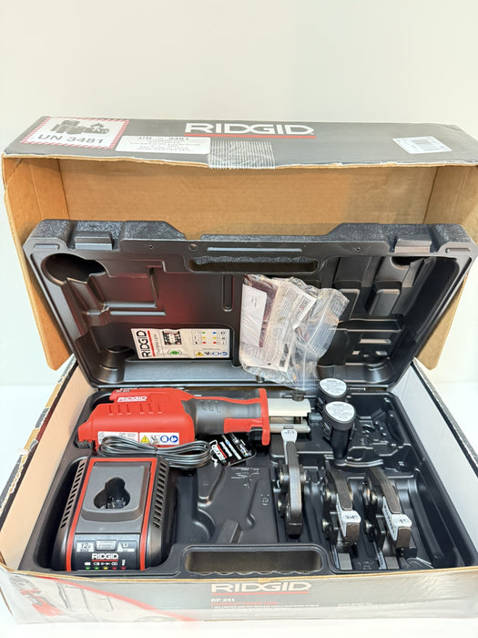 RIDGID RP 241 PRESS TOOL KIT W/ BATTERIES & CHARGER &  1/2" TO 1" PRO PRESS JAWS