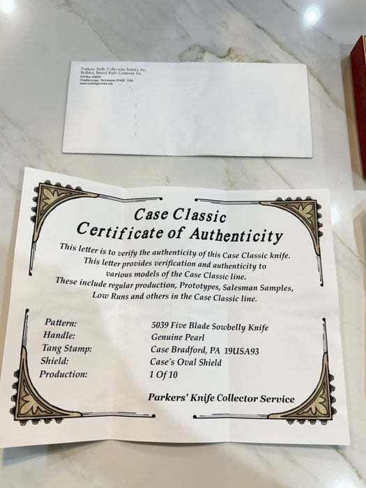 CASE 5039 FIVE BLADE SOWBELLY KNIFE PEARL1993 1 OF 10 & CERTIFICATE RARE